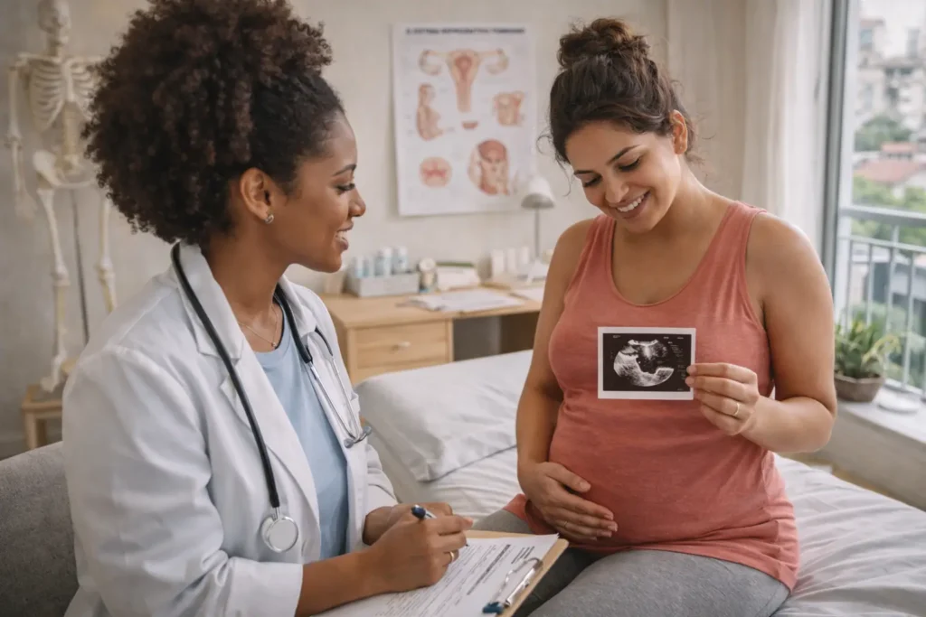 Mulher grávida de 11 semanas tocando a barriga com expressão feliz, representando o fim do primeiro trimestre olhando uma foto do ultrassom com a medica