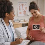 Mulher grávida de 11 semanas tocando a barriga com expressão feliz, representando o fim do primeiro trimestre olhando uma foto do ultrassom com a medica