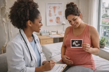 Mulher grávida de 11 semanas tocando a barriga com expressão feliz, representando o fim do primeiro trimestre olhando uma foto do ultrassom com a medica
