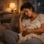 Mãe brasileira sentada no sofá à noite com expressão de cansaço extremo, representando privação de sono na maternidade