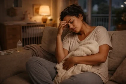 Mãe brasileira sentada no sofá à noite com expressão de cansaço extremo, representando privação de sono na maternidade