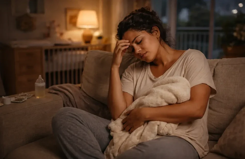 Mãe brasileira sentada no sofá à noite com expressão de cansaço extremo, representando privação de sono na maternidade