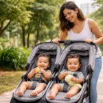 Mãe brasileira passeando com gêmeos em carrinho duplo moderno em parque urbano, comparando modelos lado a lado para bebes com conforto e segurança