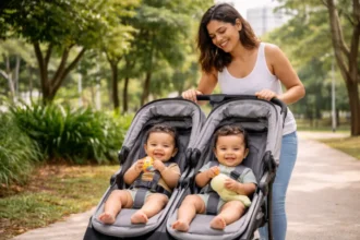 Mãe brasileira passeando com gêmeos em carrinho duplo moderno em parque urbano, comparando modelos lado a lado para bebes com conforto e segurança