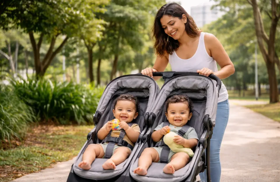 Mãe brasileira passeando com gêmeos em carrinho duplo moderno em parque urbano, comparando modelos lado a lado para bebes com conforto e segurança