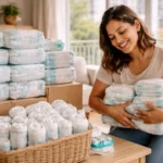 Estoque de fraldas para gêmeos organizado em casa por mãe brasileira, mostrando planejamento mensal e econômica na rotina com bebês