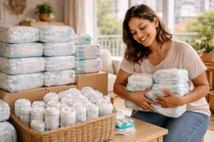 Estoque de fraldas para gêmeos organizado em casa por mãe brasileira, mostrando planejamento mensal e econômica na rotina com bebês
