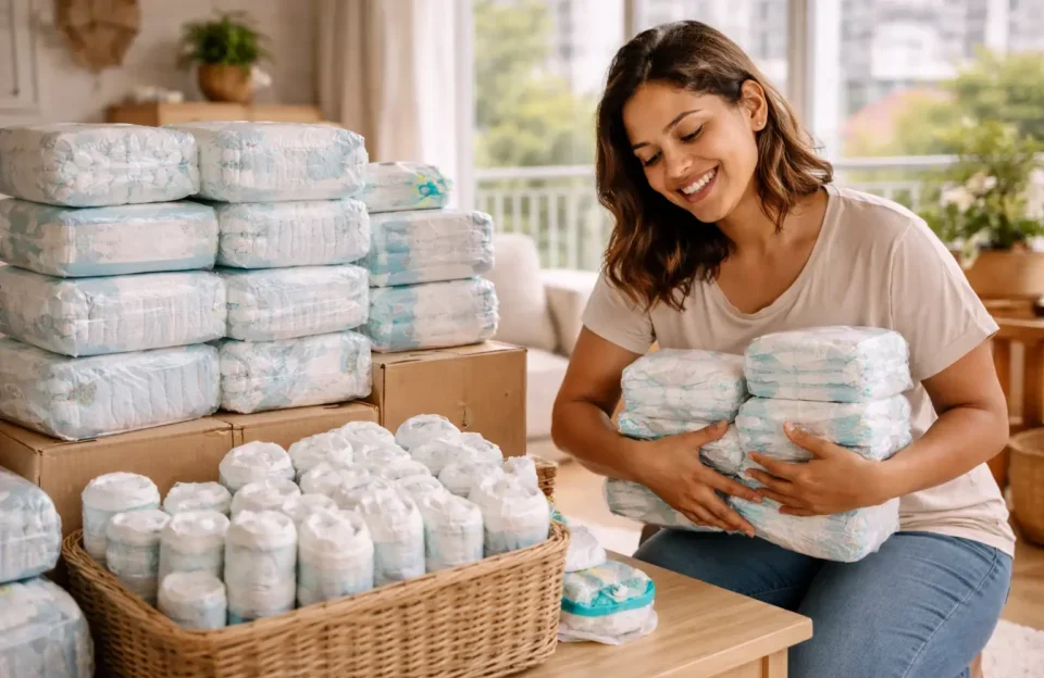 Estoque de fraldas para gêmeos organizado em casa por mãe brasileira, mostrando planejamento mensal e econômica na rotina com bebês