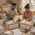 Pais organizando enxoval de gêmeos em quarto de bebê moderno no Brasil, com dois berços, roupas neutras e itens essenciais organizados de forma prática e econômica