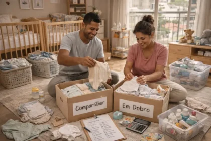 Pais organizando enxoval de gêmeos em quarto de bebê moderno no Brasil, com dois berços, roupas neutras e itens essenciais organizados de forma prática e econômica
