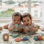 Gêmeos recém-nascidos deitados em cama com estampa naturalista, usando mordedores de silicone e água para alívio das gengivas em apartamento urbano no Brasil