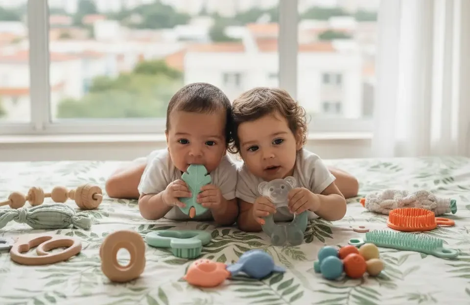 Gêmeos recém-nascidos deitados em cama com estampa naturalista, usando mordedores de silicone e água para alívio das gengivas em apartamento urbano no Brasil