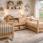 Quarto de gêmeos com dois berços nas laterais e uma cômoda centralizada servindo de trocador.