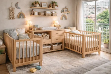 Quarto de gêmeos com dois berços nas laterais e uma cômoda centralizada servindo de trocador.