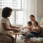 Mãe brasileira de gêmeos sentada sorrindo aliviada enquanto uma amiga dobra roupas em sala de apartamento, simbolizando rede de apoio na maternidade real