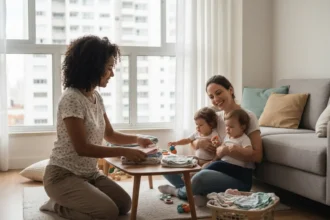 Mãe brasileira de gêmeos sentada sorrindo aliviada enquanto uma amiga dobra roupas em sala de apartamento, simbolizando rede de apoio na maternidade real