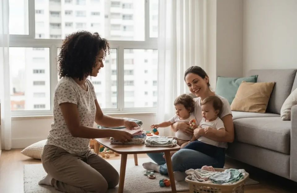 Mãe brasileira de gêmeos sentada sorrindo aliviada enquanto uma amiga dobra roupas em sala de apartamento, simbolizando rede de apoio na maternidade real