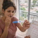 Mulher brasileira em ambiente doméstico urbano observando atentamente um teste de gravidez no banheiro, com expressão de expectativa e ansiedade, representando o momento ideal para realizar o teste após atraso menstrual