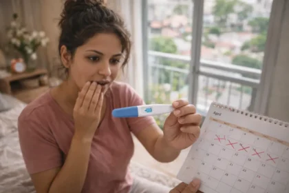 Mulher brasileira em ambiente doméstico urbano observando atentamente um teste de gravidez no banheiro, com expressão de expectativa e ansiedade, representando o momento ideal para realizar o teste após atraso menstrual