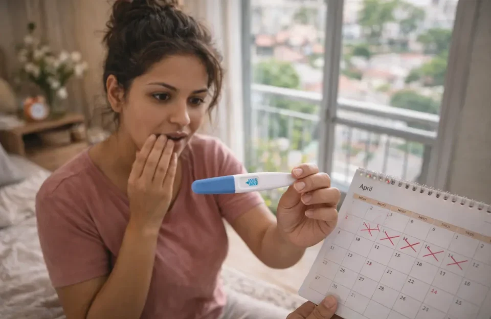 Mulher brasileira em ambiente doméstico urbano observando atentamente um teste de gravidez no banheiro, com expressão de expectativa e ansiedade, representando o momento ideal para realizar o teste após atraso menstrual