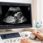 Ultrassom obstétrico mostrando perfil do bebê no primeiro trimestre durante exame de translucência nucal em clínica moderna no Brasil