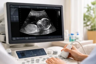 Ultrassom obstétrico mostrando perfil do bebê no primeiro trimestre durante exame de translucência nucal em clínica moderna no Brasil