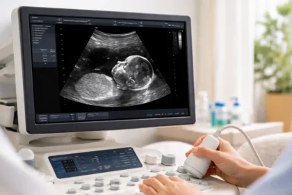 Ultrassom obstétrico mostrando perfil do bebê no primeiro trimestre durante exame de translucência nucal em clínica moderna no Brasil