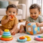 Gêmeos de 3 a 6 meses sentados no tapete explorando brinquedos educativos coloridos em sala iluminada de apartamento urbano brasileiro, estimulando coordenação motora e desenvolvimento sensorial