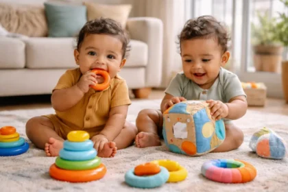 Gêmeos de 3 a 6 meses sentados no tapete explorando brinquedos educativos coloridos em sala iluminada de apartamento urbano brasileiro, estimulando coordenação motora e desenvolvimento sensorial