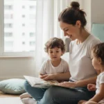 Mãe brasileira sentada no chão da sala de um apartamento, lendo um livro para seus dois filhos pequenos em um momento de conexão e limites na maternidade