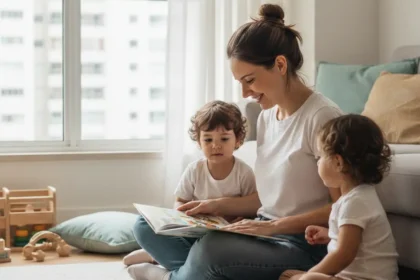 Mãe brasileira sentada no chão da sala de um apartamento, lendo um livro para seus dois filhos pequenos em um momento de conexão e limites na maternidade