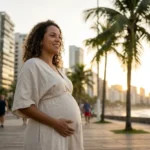 Fotografia de uma gestante brasileira de 12 semanas de gêmeos, em pé em um calçadão urbano ao entardecer (Golden Hour). Ela usa um vestido bege claro que revela a saliência da barriga. Com uma expressão de alívio e alegria, ela toca o ventre enquanto a luz do sol poente ilumina o cenário com prédios e árvores tropicais desfocados ao fundo. A imagem transmite a transição para o segundo trimestre e a diminuição dos riscos gestacionais