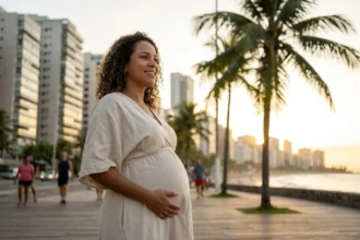 Fotografia de uma gestante brasileira de 12 semanas de gêmeos, em pé em um calçadão urbano ao entardecer (Golden Hour). Ela usa um vestido bege claro que revela a saliência da barriga. Com uma expressão de alívio e alegria, ela toca o ventre enquanto a luz do sol poente ilumina o cenário com prédios e árvores tropicais desfocados ao fundo. A imagem transmite a transição para o segundo trimestre e a diminuição dos riscos gestacionais