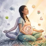 Ilustração em aquarela digital de uma gestante sentada em posição de meditação, dividida por um feixe de luz. O lado esquerdo, em tons de azul e lavanda, representa o primeiro trimestre (T1) com ícones de enjoo. O lado direito, banhado por luz dourada e flores, representa o segundo trimestre (T2) com ícones de energia. No centro, a barriga sutil mostra um bebê de 7-8 cm em foco, simbolizando a transição saudável das 13 semanas