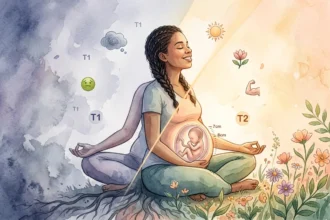 Ilustração em aquarela digital de uma gestante sentada em posição de meditação, dividida por um feixe de luz. O lado esquerdo, em tons de azul e lavanda, representa o primeiro trimestre (T1) com ícones de enjoo. O lado direito, banhado por luz dourada e flores, representa o segundo trimestre (T2) com ícones de energia. No centro, a barriga sutil mostra um bebê de 7-8 cm em foco, simbolizando a transição saudável das 13 semanas