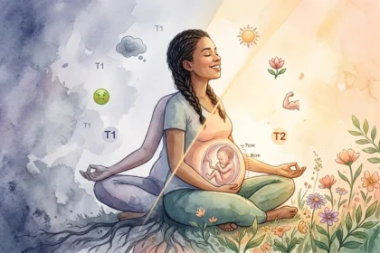 Ilustração em aquarela digital de uma gestante sentada em posição de meditação, dividida por um feixe de luz. O lado esquerdo, em tons de azul e lavanda, representa o primeiro trimestre (T1) com ícones de enjoo. O lado direito, banhado por luz dourada e flores, representa o segundo trimestre (T2) com ícones de energia. No centro, a barriga sutil mostra um bebê de 7-8 cm em foco, simbolizando a transição saudável das 13 semanas