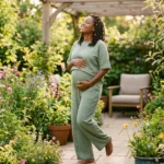 Fotografia de estilo de vida de uma gestante negra com tranças, sorrindo e com os olhos fechados, aproveitando o sol em um jardim florido. Ela veste um conjunto confortável na cor verde sálvia e segura a barriga, que já está visivelmente aparecendo nas 14 semanas de gravidez. A iluminação é suave e dourada, com flores coloridas e vegetação ao fundo em desfoque (bokeh)