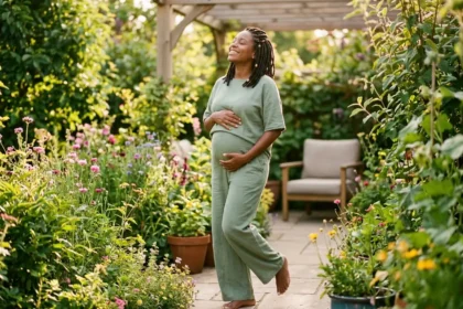 Fotografia de estilo de vida de uma gestante negra com tranças, sorrindo e com os olhos fechados, aproveitando o sol em um jardim florido. Ela veste um conjunto confortável na cor verde sálvia e segura a barriga, que já está visivelmente aparecendo nas 14 semanas de gravidez. A iluminação é suave e dourada, com flores coloridas e vegetação ao fundo em desfoque (bokeh)