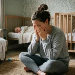 Mãe de gêmeos sentada no chão do quarto com as mãos no rosto, expressando exaustão extrema; ao fundo, dois berços com um bebê dormindo e outro acordado
