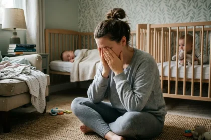 Mãe de gêmeos sentada no chão do quarto com as mãos no rosto, expressando exaustão extrema; ao fundo, dois berços com um bebê dormindo e outro acordado