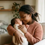 Fotografia afetiva de uma mãe negra com tranças, vestindo uma blusa de tricô terracota, sentada em uma poltrona clara. Ela segura seu bebê recém-nascido, envolto em um cueiro branco, delicadamente aninhado do seu lado esquerdo. O rosto da mãe está encostado no do bebê, com um sorriso sereno. O fundo mostra uma sala de estar acolhedora e iluminada com desfoque suave