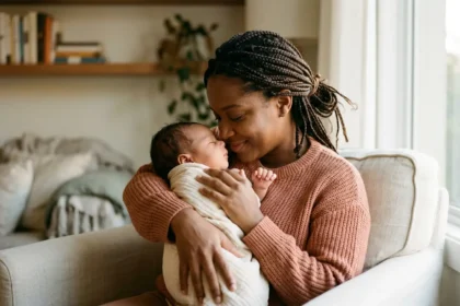 Fotografia afetiva de uma mãe negra com tranças, vestindo uma blusa de tricô terracota, sentada em uma poltrona clara. Ela segura seu bebê recém-nascido, envolto em um cueiro branco, delicadamente aninhado do seu lado esquerdo. O rosto da mãe está encostado no do bebê, com um sorriso sereno. O fundo mostra uma sala de estar acolhedora e iluminada com desfoque suave