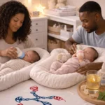 Mãe e pai alimentando bebês gêmeos com mamadeira em ambiente aconchegante, introdução alimentar gentil