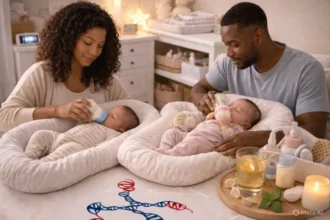 Mãe e pai alimentando bebês gêmeos com mamadeira em ambiente aconchegante, introdução alimentar gentil