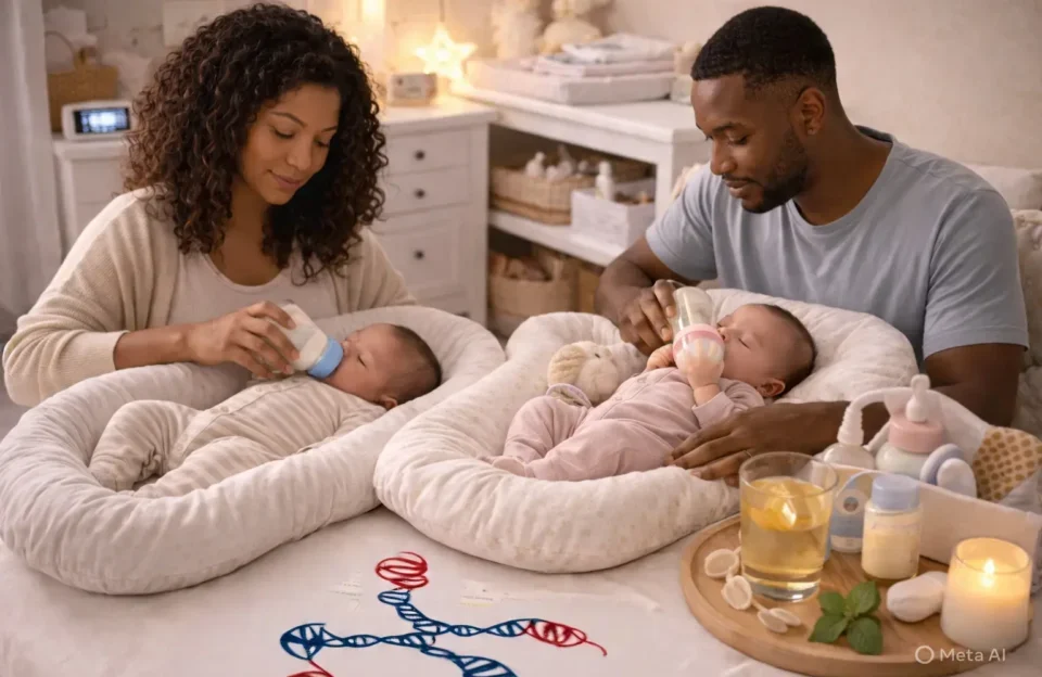 Mãe e pai alimentando bebês gêmeos com mamadeira em ambiente aconchegante, introdução alimentar gentil