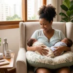 Uma mãe brasileira, urbana, em um apartamento calmo, preparando-se para amamentar gêmeos simultaneamente. Ela está sentada confortavelmente com uma almofada de amamentação específica para gêmeos (U-shaped), apoiando dois bebês calmos na posição Double Football. A mãe sorri para os filhos, transmitindo paz e organização na rotina de nutrição. Imagem totalmente segura e acolhedora, focada na ergonomia e conexão.