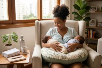Uma mãe brasileira, urbana, em um apartamento calmo, preparando-se para amamentar gêmeos simultaneamente. Ela está sentada confortavelmente com uma almofada de amamentação específica para gêmeos (U-shaped), apoiando dois bebês calmos na posição Double Football. A mãe sorri para os filhos, transmitindo paz e organização na rotina de nutrição. Imagem totalmente segura e acolhedora, focada na ergonomia e conexão.