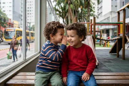 Fotografia em plano médio de dois meninos gêmeos idênticos de aproximadamente 2 anos, sentados em um banco de madeira em uma praça urbana brasileira. O menino à esquerda veste um moletom listrado azul e branco e cochicha algo no ouvido do irmão, que veste um moletom vermelho e ri alegremente. Ao fundo, vê-se o movimento desfocado de uma rua com um ônibus amarelo e árvores, criando um contraste entre a intimidade dos irmãos e o caos da cidade. A imagem ilustra o fenômeno da criptofasia e a conexão profunda entre gêmeos