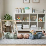 Dois bebês gêmeos de aproximadamente 4 meses deitados em um tapete de atividades em um quarto organizado. Ao fundo, uma estante branca com itens essenciais como fraldas, mamadeiras e brinquedos educativos, representando a rotina de cuidados e desenvolvimento motor de gêmeos