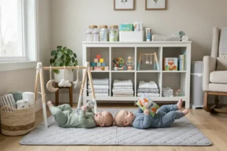 Dois bebês gêmeos de aproximadamente 4 meses deitados em um tapete de atividades em um quarto organizado. Ao fundo, uma estante branca com itens essenciais como fraldas, mamadeiras e brinquedos educativos, representando a rotina de cuidados e desenvolvimento motor de gêmeos
